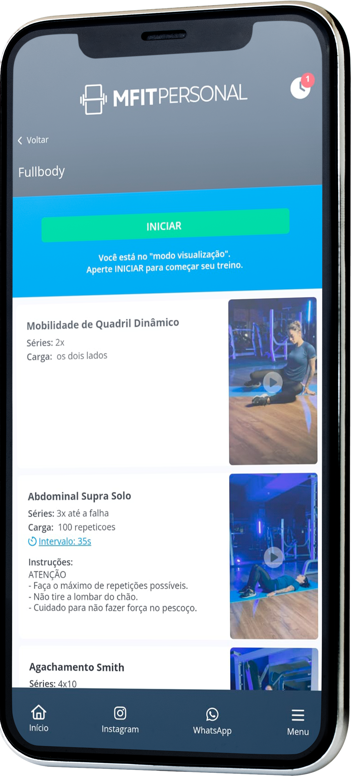Imagem do aplicativo MFIT aberto em um celular